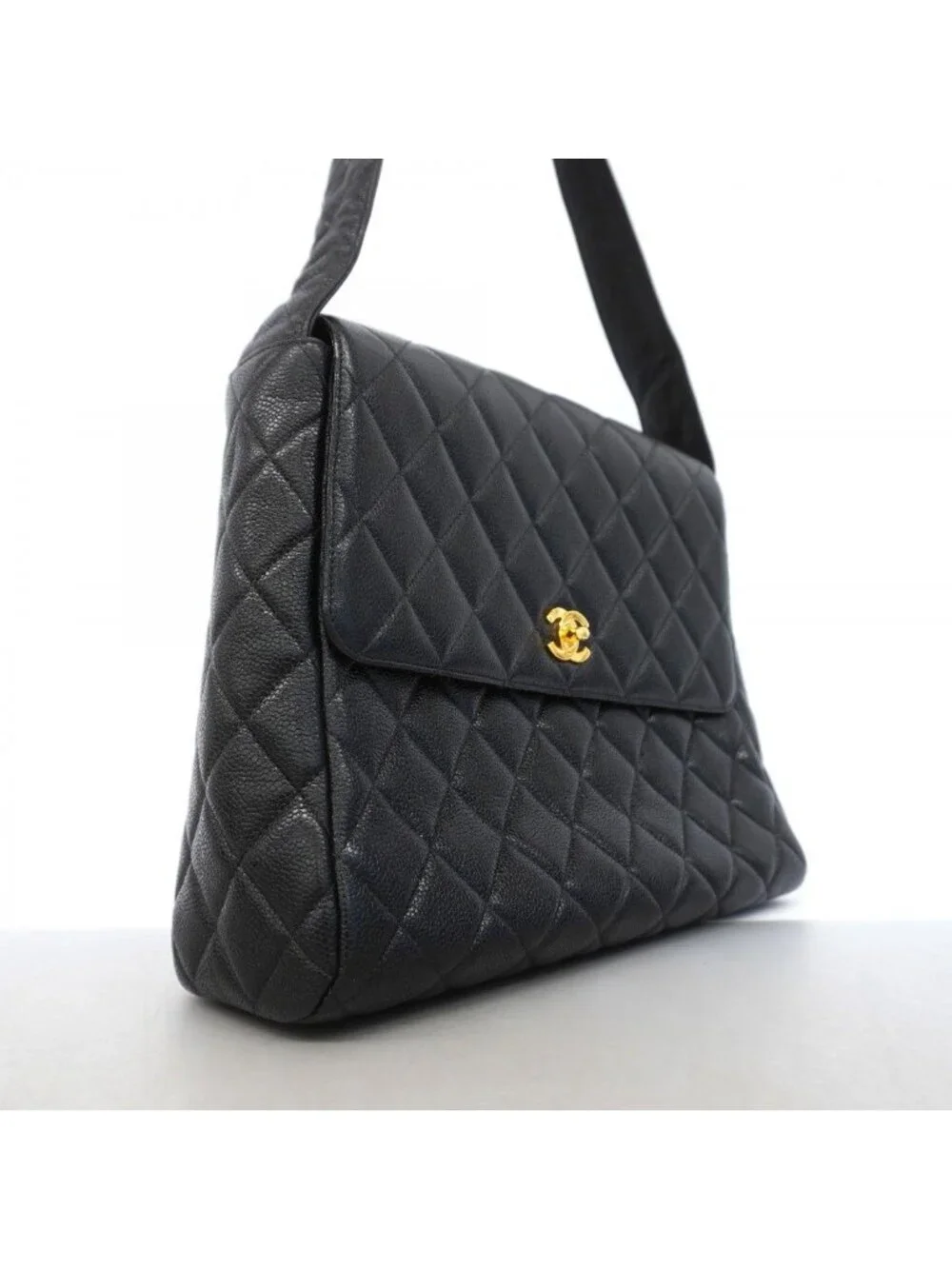 Chanel Shoulder Bag Quilted Caviar Leather Black Gold